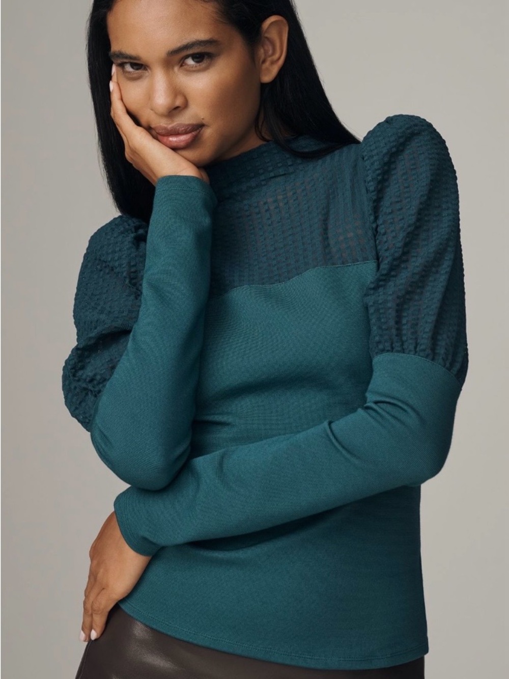 Maeve Anthropologie Teal Sweater with Puff Sleeves